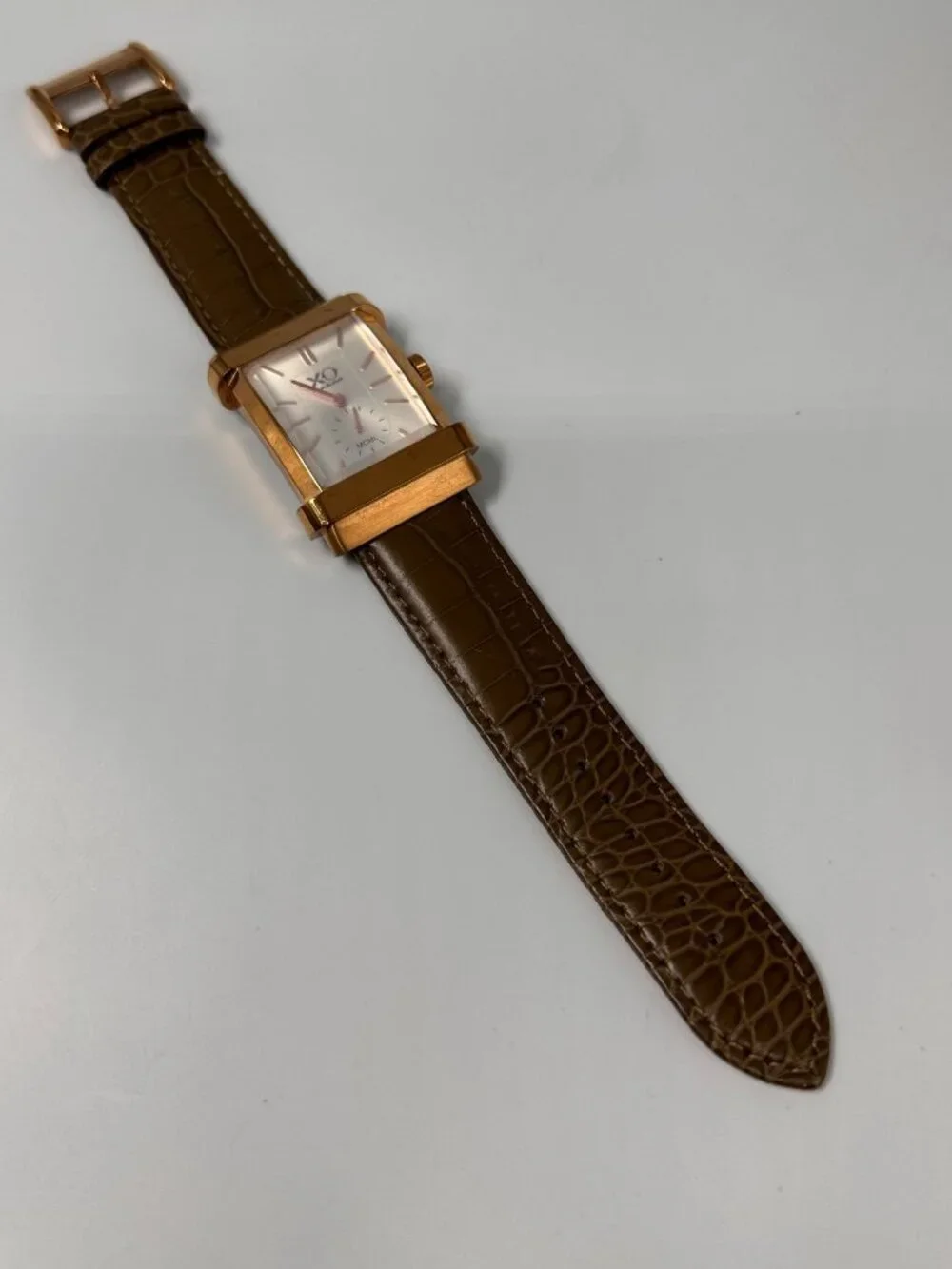 XO Retro MCML Watch Mens Rose Gold Tone Green Leather Band New Battery 9.5
